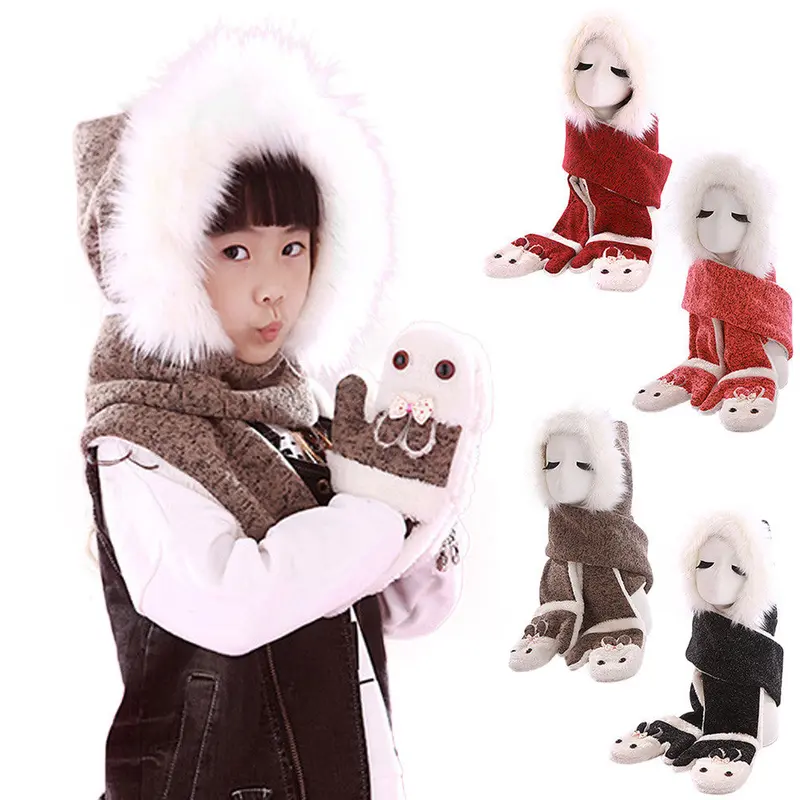 Boy Girl Warm Hats Scarves Gloves Three-Piece Children's Bunny 1