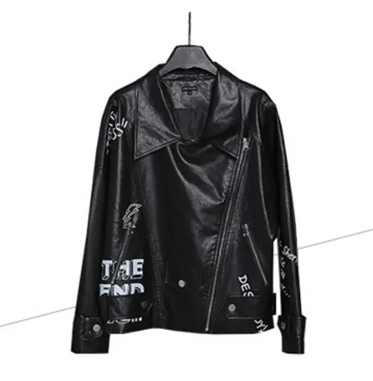 Boyfriend Graffiti Letter Print Pu Faux Leather Jacket Women Bandageg Hem Zipper Motorcycle Biker Coat Black Outerwear 1