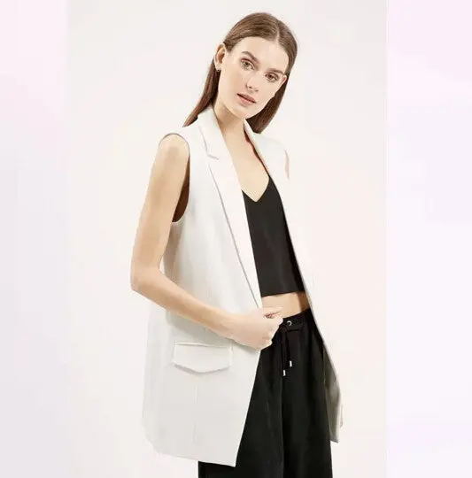 Boyfriend Notched Collar Mid Long Vest Women Large Lapel Pockets Slim Sleeveless Suit Loose Gilet Waistcoat Tops 4 Colors 7