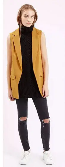 Boyfriend Notched Collar Mid Long Vest Women Large Lapel Pockets Slim Sleeveless Suit Loose Gilet Waistcoat Tops 4 Colors 8