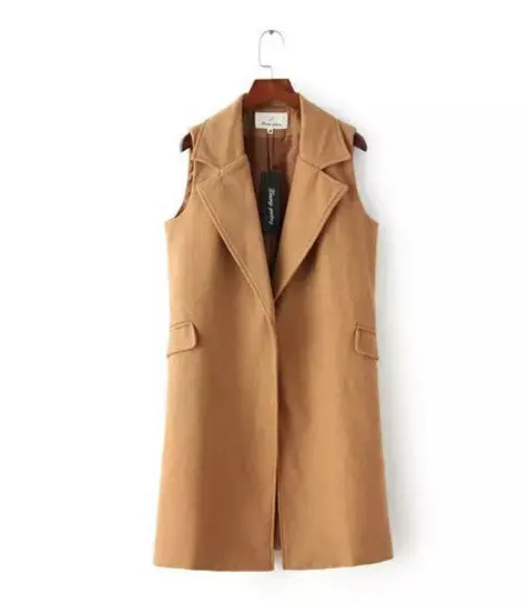Boyfriend Notched Collar Wool Blend Mid Long Vest Women Large Lapel Pockets Sleeveless Long Suit Loose Gilet Waistcoat Tops 1