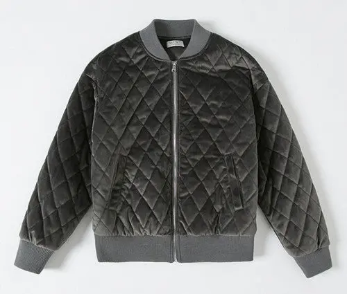 Boyfriend Quilted Letter Embroidery Velvet Thin Padad Jacket Woman Velour Loose Bomber Pilots Jacket Coat Outerwear Gray 1