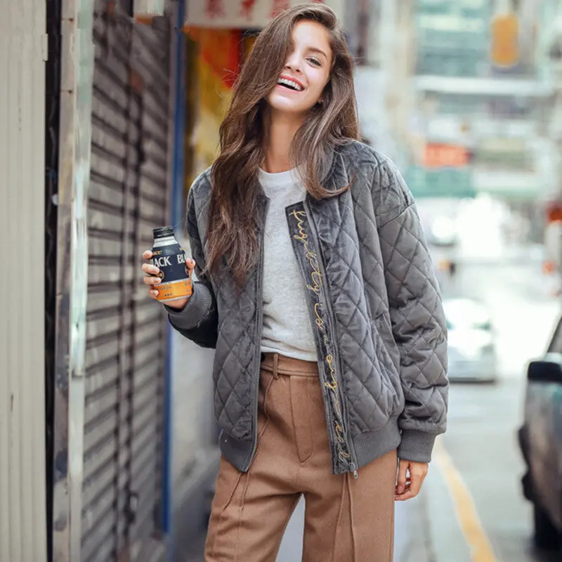 Boyfriend Quilted Letter Embroidery Velvet Thin Padad Jacket Woman Velour Loose Bomber Pilots Jacket Coat Outerwear Gray 2