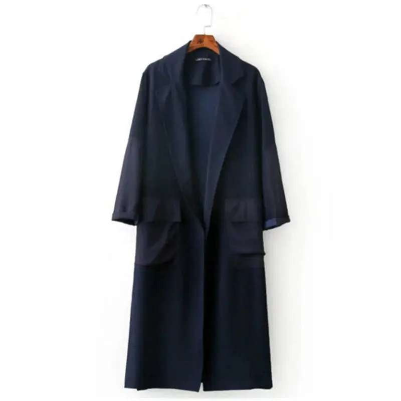 Boyfriend Side Slit Patchwork Big Pockets Trench Women Loose Long Windbreaker Lapel Loose Coat Outerwear Navy Blue S M L 1