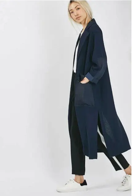 Boyfriend Side Slit Patchwork Big Pockets Trench Women Loose Long Windbreaker Lapel Loose Coat Outerwear Navy Blue S M L 3