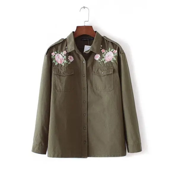 Boyfriend Style Army Green Flower Embroidery Shirt Lapel Long Sleeve Pockets Blouse Tops Coat Blusas Chemise Femme Blusa 1