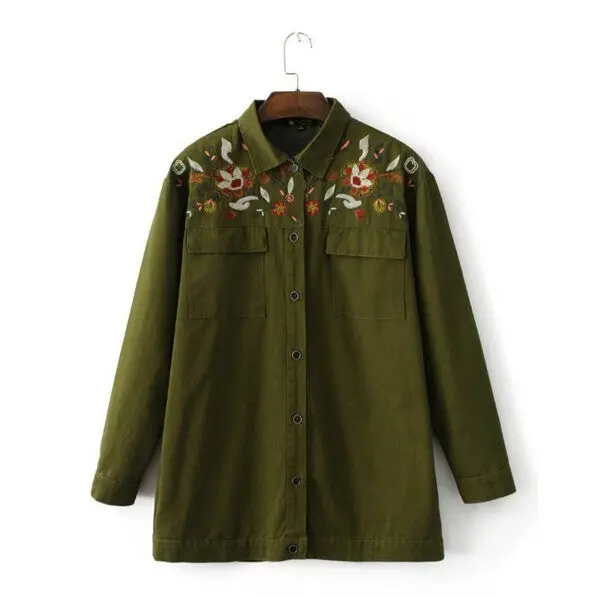 Boyfriend Style Army Green Flower Embroidery Shirt Woman Lapel Long Sleeve Pockets Blouse Tops Coat Blusas Femme Blusa 1