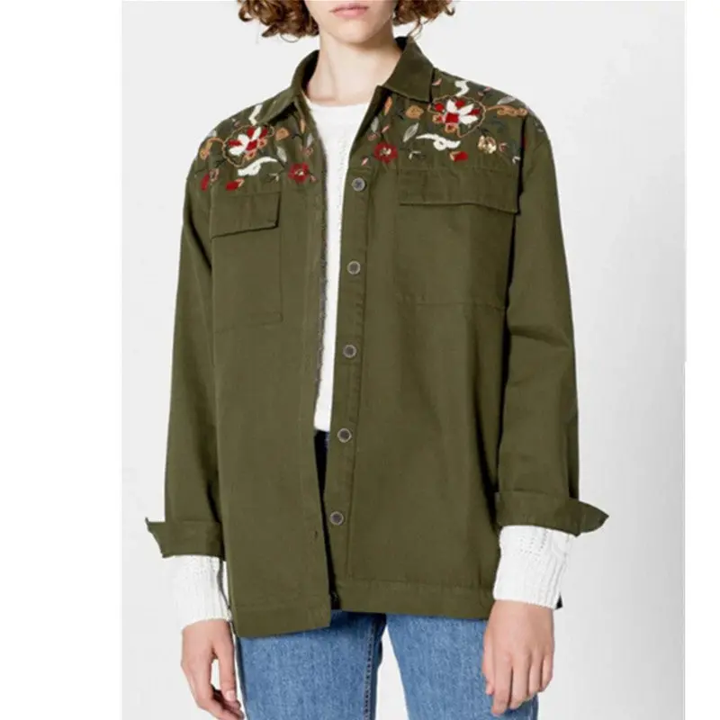 Boyfriend Style Army Green Flower Embroidery Shirt Woman Lapel Long Sleeve Pockets Blouse Tops Coat Blusas Femme Blusa 2