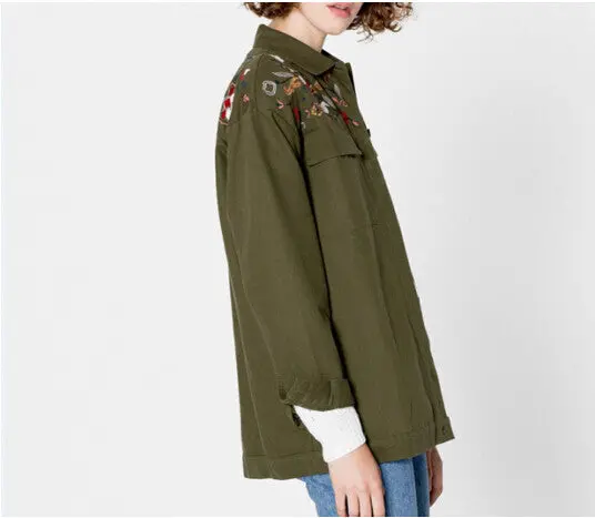 Boyfriend Style Army Green Flower Embroidery Shirt Woman Lapel Long Sleeve Pockets Blouse Tops Coat Blusas Femme Blusa 3