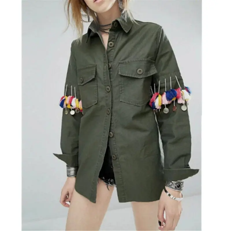 Boyfriend Style Army Green Sleeve Spliced Coins Tassel Shirt Lapel Pockets Blouse Tops Coat Blusas Chemise Femme Blusa 2