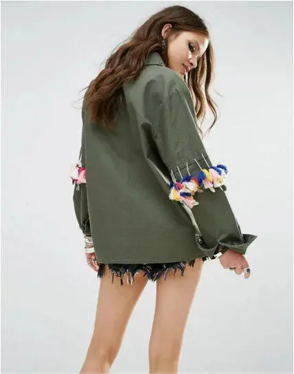 Boyfriend Style Army Green Sleeve Spliced Coins Tassel Shirt Lapel Pockets Blouse Tops Coat Blusas Chemise Femme Blusa 3