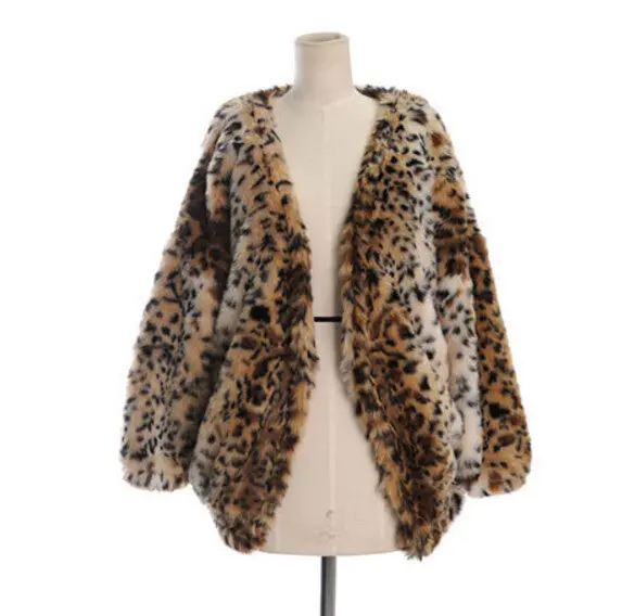 Boyfriend V Neck Hairy Shaggy Leopard Faux Mink Fur Jackets Woman Raglan Lantern Sleeve Loose Faux Fur Coat Outerwear 3