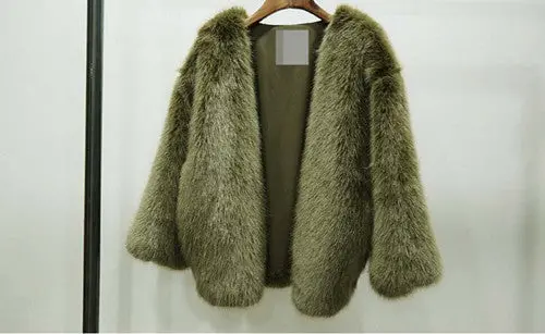 Boyfriend V Neck Long Hairy Shaggy Faux Fox Fur Jackets Woman Army Green Loose Faux Fur Coat Outerwear 1