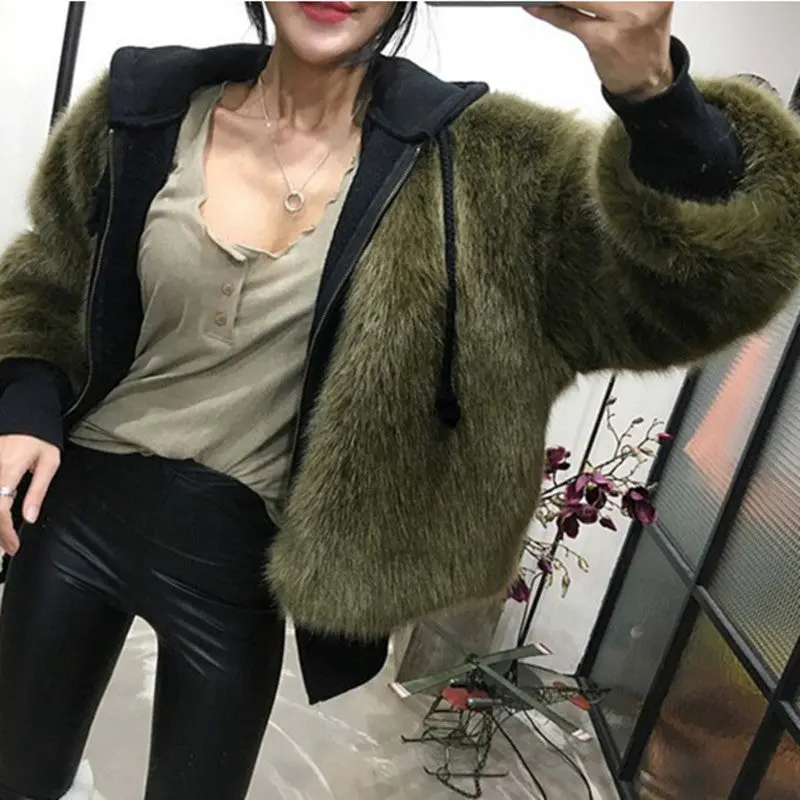Boyfriend V Neck Long Hairy Shaggy Faux Fox Fur Jackets Woman Army Green Loose Faux Fur Coat Outerwear 2