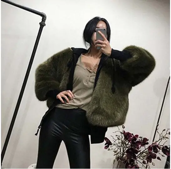 Boyfriend V Neck Long Hairy Shaggy Faux Fox Fur Jackets Woman Army Green Loose Faux Fur Coat Outerwear 3