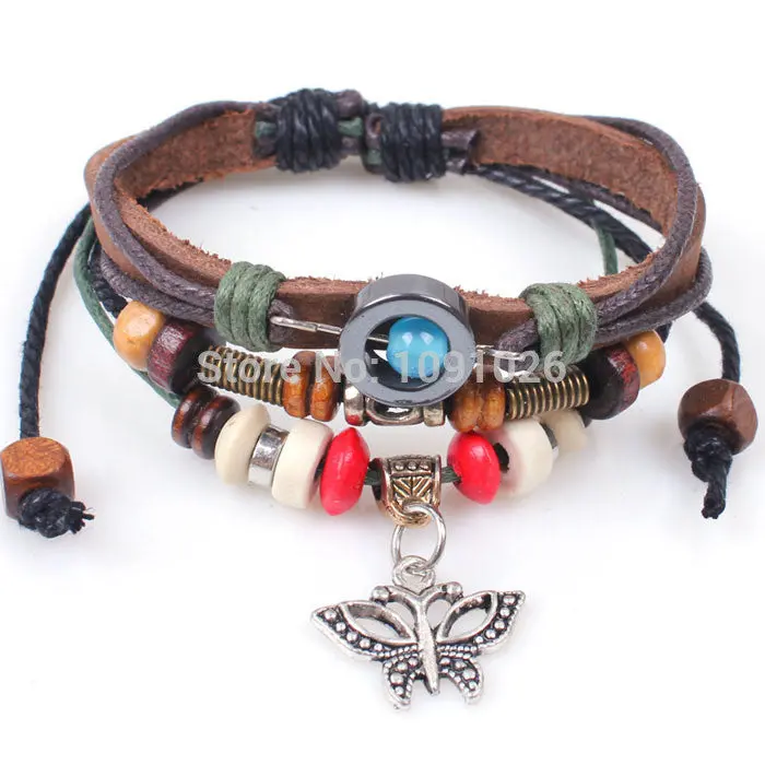 Bracelets Women Mujer Butterfly Braided Wooden Bead Wrist Bracelet Leather Trendy Jewelry 1