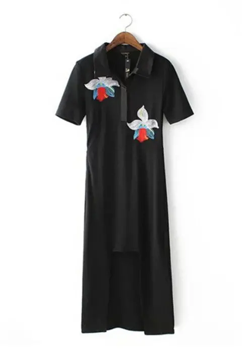 Brand Show Style Embroidery Flower Lapel Short Sleeve Short Front Long Back Asymmetry Split Hem Long Dresses Tops Black 1