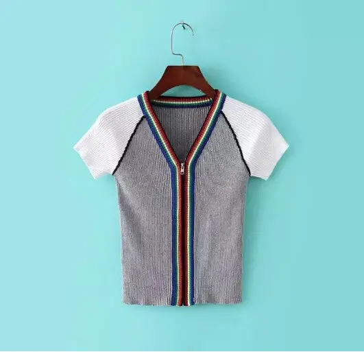 Brandy Melville Zipper V Neck Short Tshirt Knitwear Women Contrast Color Short Sleeve Knit Crop Top Tee 1