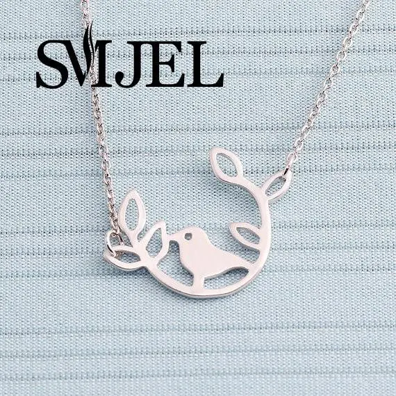 Brass Simple Bird On The Round Leaf Branch Charm Necklace Animal Bird Necklaces N127 1