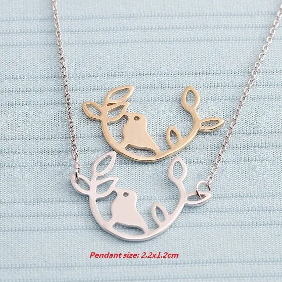 Brass Simple Bird On The Round Leaf Branch Charm Necklace Animal Bird Necklaces N127 2