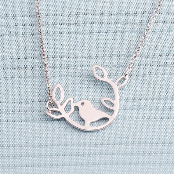 Brass Simple Bird On The Round Leaf Branch Charm Necklaces Nird Necklace 10Pcs-N127 1