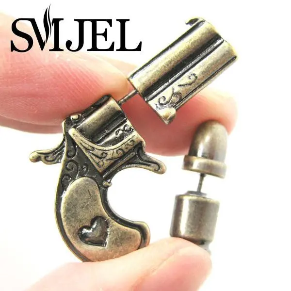 Bronze And Black Silver Fake Gauge Earrings Gun Pistol And Bullet Faux Plug Retro Stud Earrings S91 1