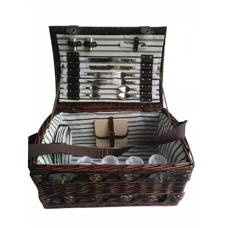 Brown Wicker Willow Picnic Basket For 4 People Nostalgia Trendy Tool With Tableware Dishes Goblets Bottle Opener 1