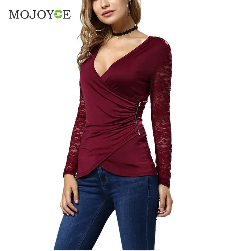 Bud Silk Lace Stitching T-Shirt Elegant V Neck Long Sleeve Women Office Tops Ladies Casual Zip Women Top Blusa Tee 1