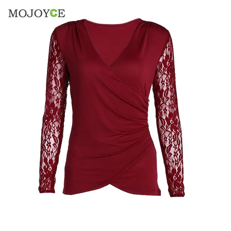 Bud Silk Lace Stitching T-Shirt Elegant V Neck Long Sleeve Women Office Tops Ladies Casual Zip Women Top Blusa Tee 2