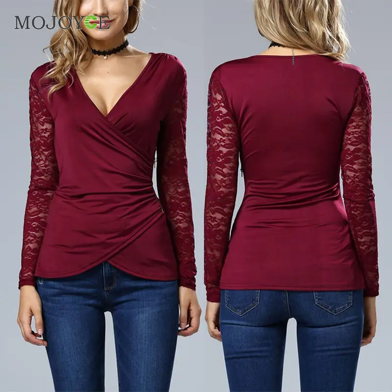 Bud Silk Lace Stitching T-Shirt Elegant V Neck Long Sleeve Women Office Tops Ladies Casual Zip Women Top Blusa Tee 4
