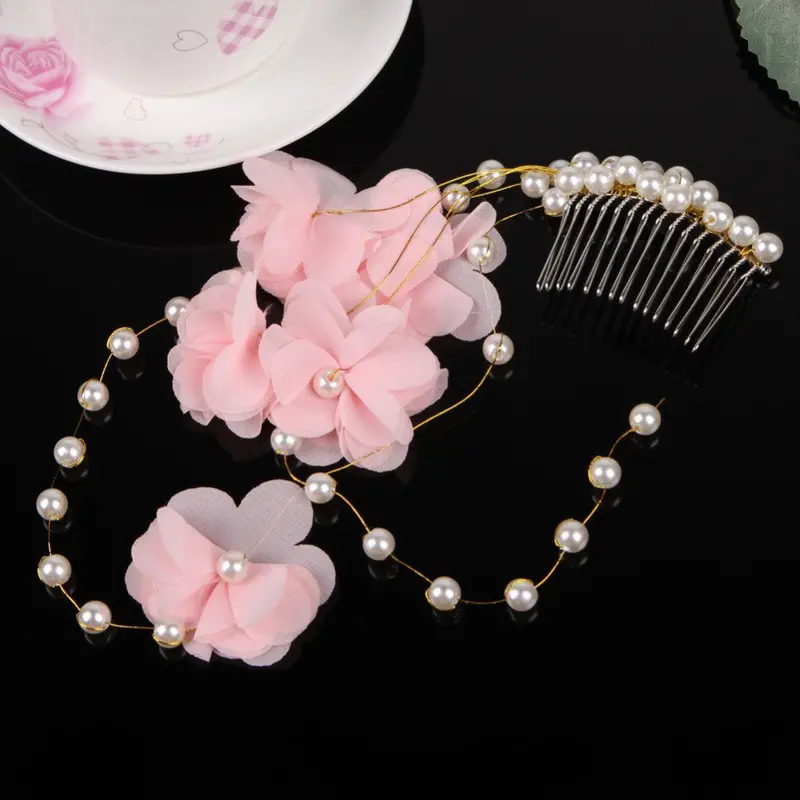 Bueaty Pink Silk Flowers With Pearls Tiara Comb Bride Headwear Wedding Bridal Hair Accessories Fine Jewelry With Hair Comb 1
