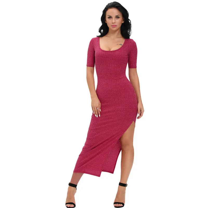 Burgundy Knitted T Shirt Dress Pencil Long Dress Elegant Casual Leg Split Half Sleeve Long Maxi Dress 1