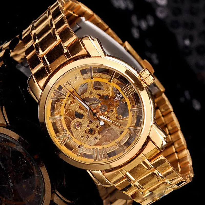 Business Mechanical Watch Classic Mens Watches Top Luxury Gold Dial Mechanical Automatic Self-Winding Hollow Watch Men 1