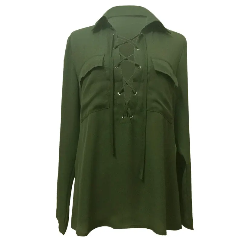 Bust Pocket V-Neck Women Blouses Bandage Lapel Long Sleeve Blouse Shirt Army Green Women Tops Chiffon Blusas Feminino 1