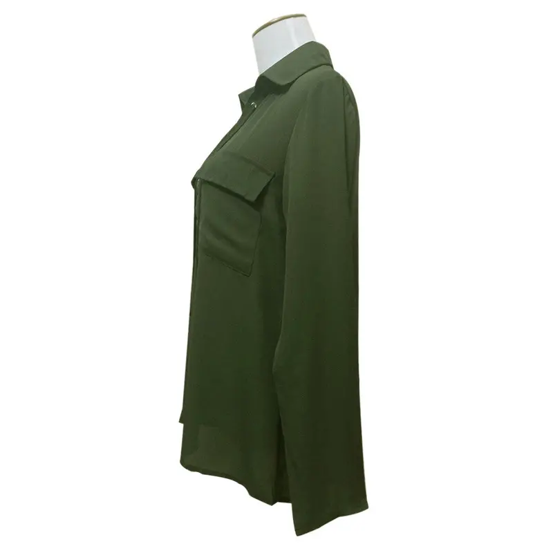 Bust Pocket V-Neck Women Blouses Bandage Lapel Long Sleeve Blouse Shirt Army Green Women Tops Chiffon Blusas Feminino 2