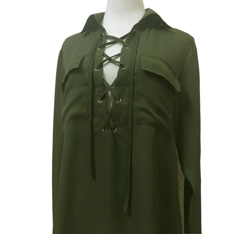 Bust Pocket V-Neck Women Blouses Bandage Lapel Long Sleeve Blouse Shirt Army Green Women Tops Chiffon Blusas Feminino 4