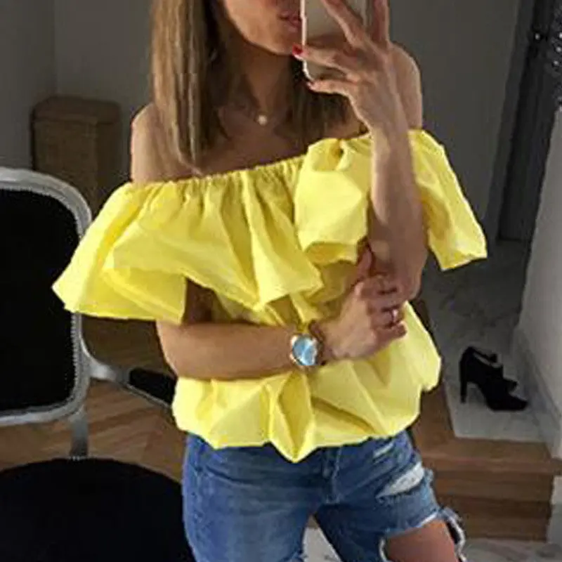 Butterfly-Sleeve Off-Shoulder Blouse for Women – Ruffled, Candy-Colored, and Playfully Feminine Top