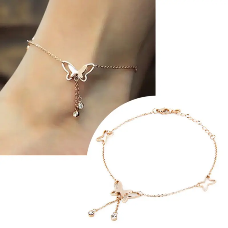 Butterfly Tassel Anklet For , 18K Rose Gold Plated Titanium Steel Chain Barefoot Sandals Jewelry Accessories 1