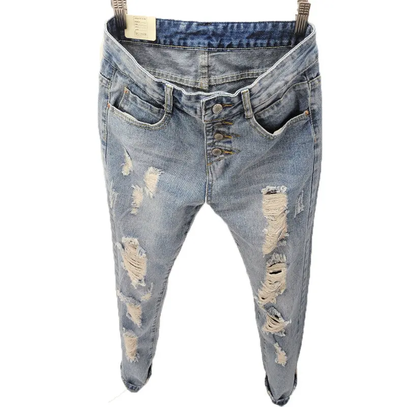 Button Up High Waist Jeans Ripped Hole Boyfriend Jeans For Women Stylish Loose Roll Up Denim Jeans Women 1