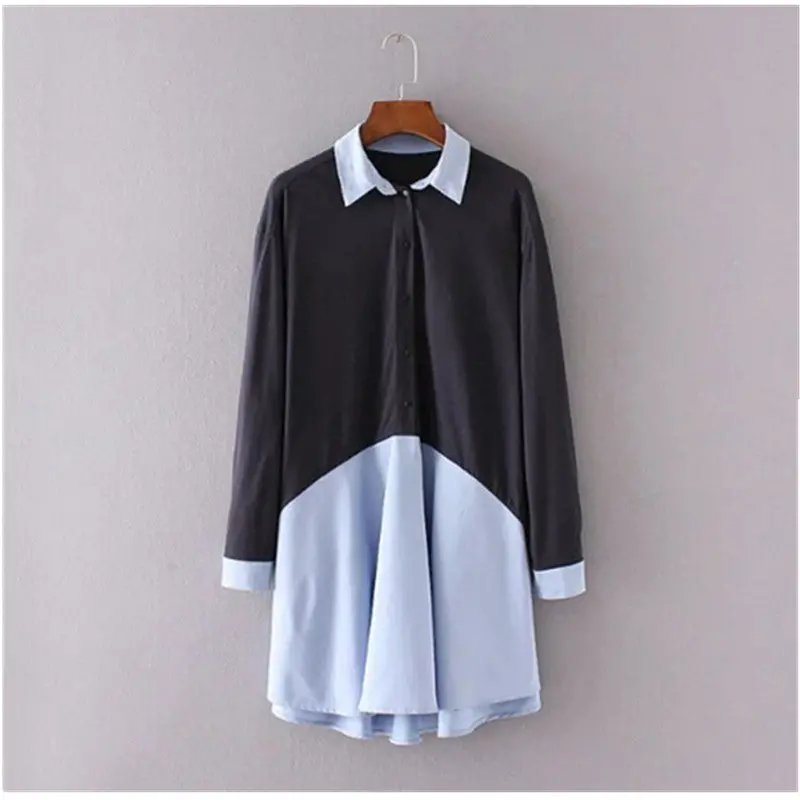 Buttons Blue Black Long Blouses Dress Woman Lapel Pullover Spliced Short Dress Chemise Blusas Shirt Tops Vetement Camisa 1