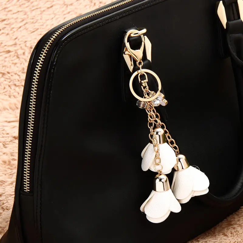 Camellia Leather Keychain Bag Pendant Car Ornaments Long Key Chain Best Gift To Friends 2