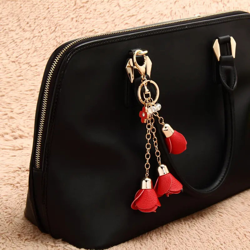 Camellia Leather Keychain Bag Pendant Car Ornaments Long Key Chain Best Gift To Friends 3