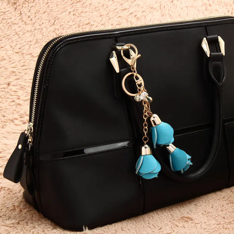 Camellia Leather Keychain Bag Pendant Car Ornaments Long Key Chain Best Gift To Friends 4