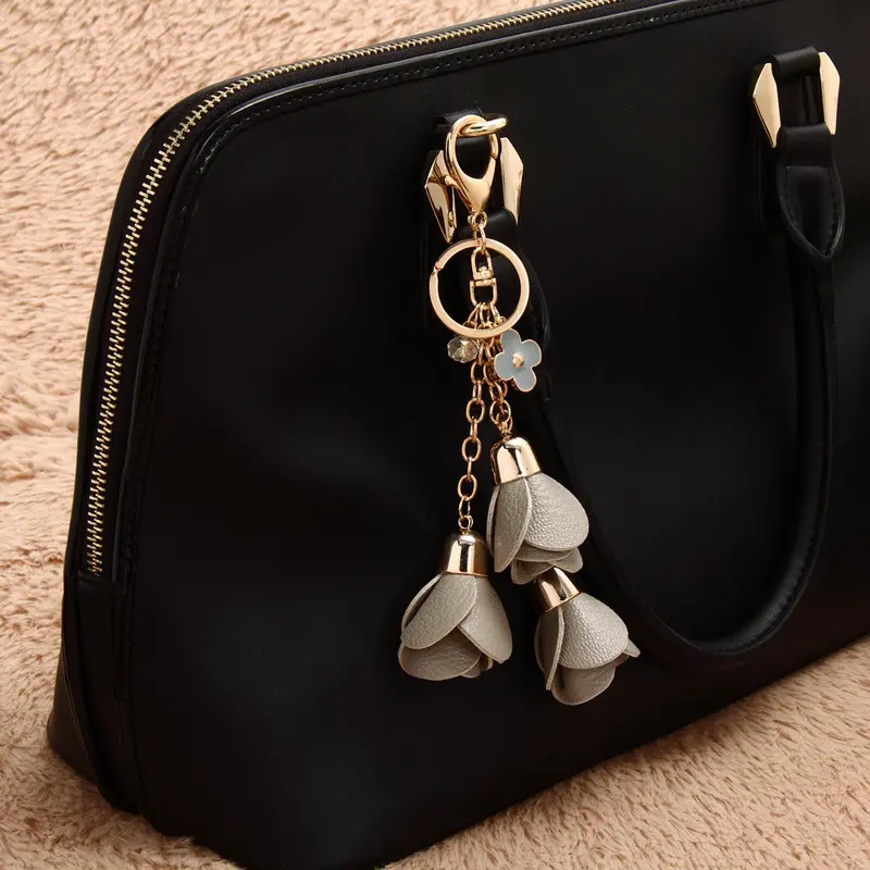 Camellia Leather Keychain Bag Pendant Car Ornaments Long Key Chain Best Gift To Friends 6