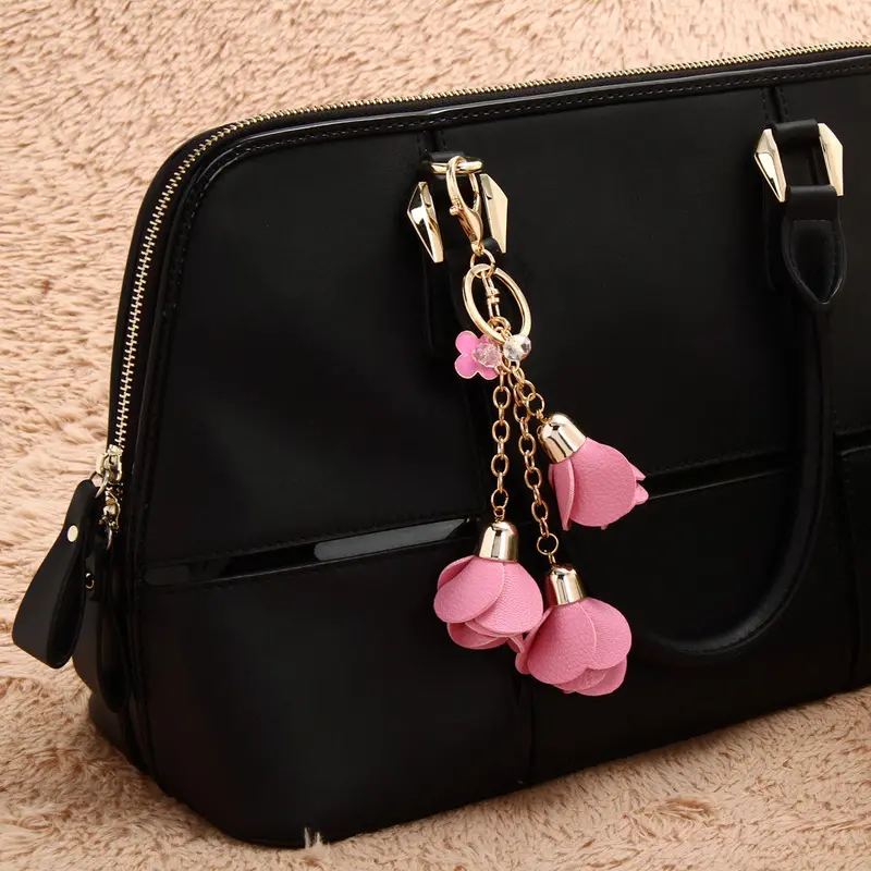 Camellia Leather Keychain Bag Pendant Car Ornaments Long Key Chain Best Gift To Friends 7