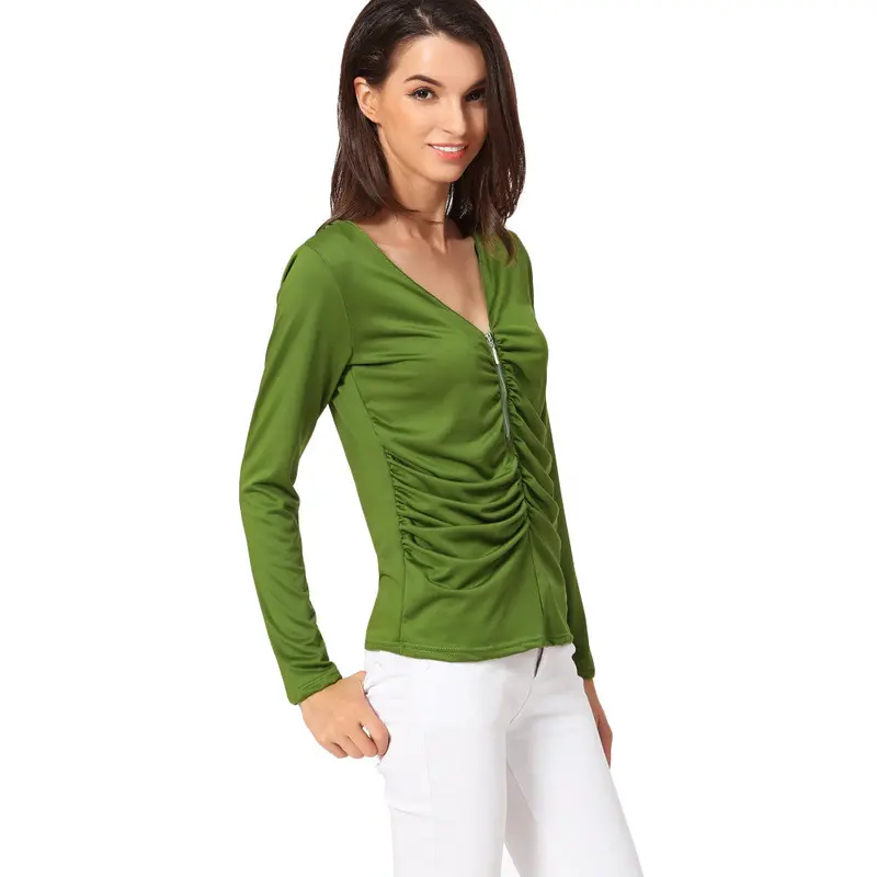 Camisass Long Sleeve Tshirt Women T Shirt Tops Poleras De Mujer Zip Ruched T-Shirt Blusa Tee Shirt Femme 1