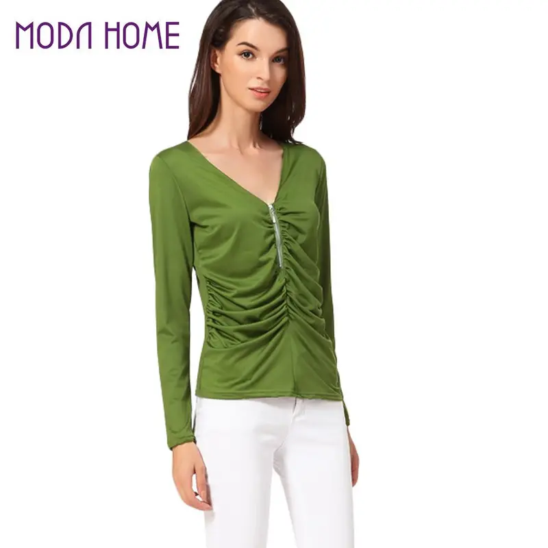 Camisass Long Sleeve Tshirt Women T Shirt Tops Poleras De Mujer Zip Ruched T-Shirt Blusa Tee Shirt Femme 2