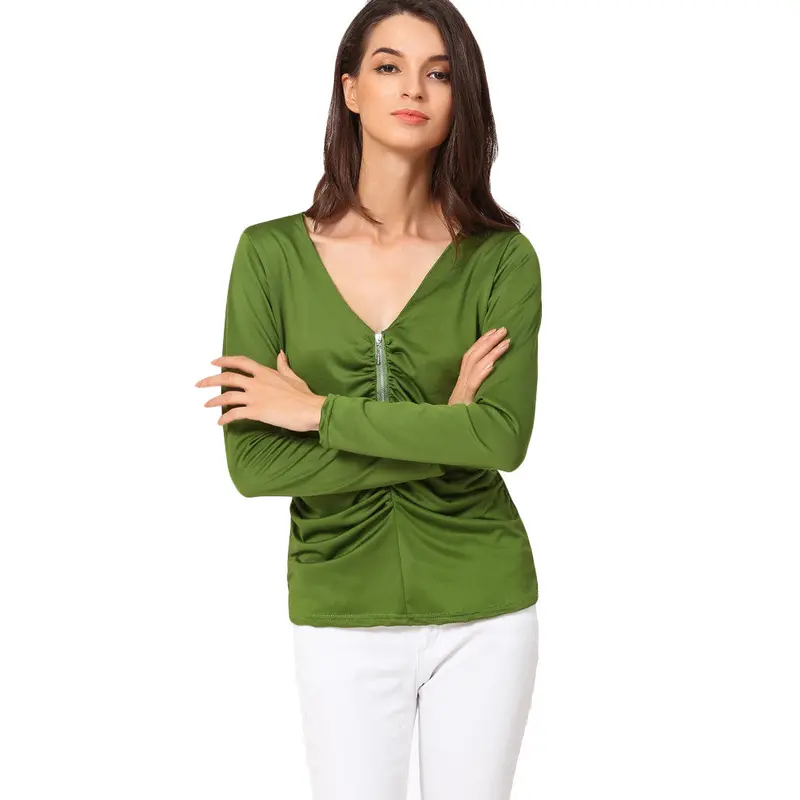 Camisass Long Sleeve Tshirt Women T Shirt Tops Poleras De Mujer Zip Ruched T-Shirt Blusa Tee Shirt Femme 3