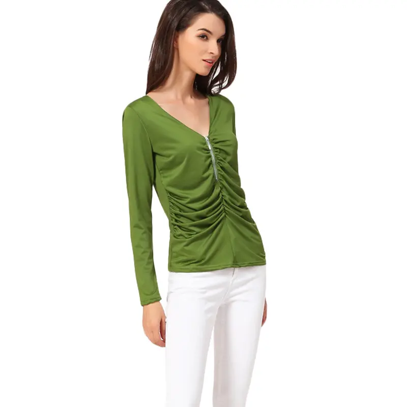 Camisass Long Sleeve Tshirt Women T Shirt Tops Poleras De Mujer Zip Ruched T-Shirt Blusa Tee Shirt Femme 4