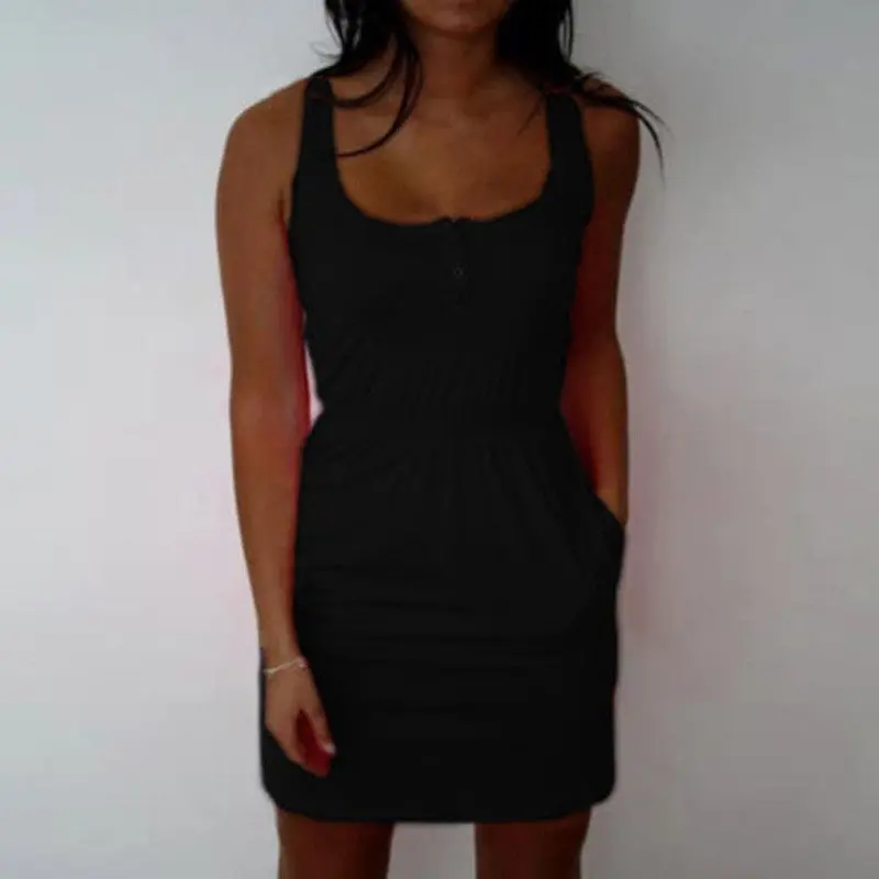 Candy Color Low Cut Buttons Vestidos Women Pleated Waist Sexy Tank Dress Causal Sport Mini Dress X0155 1